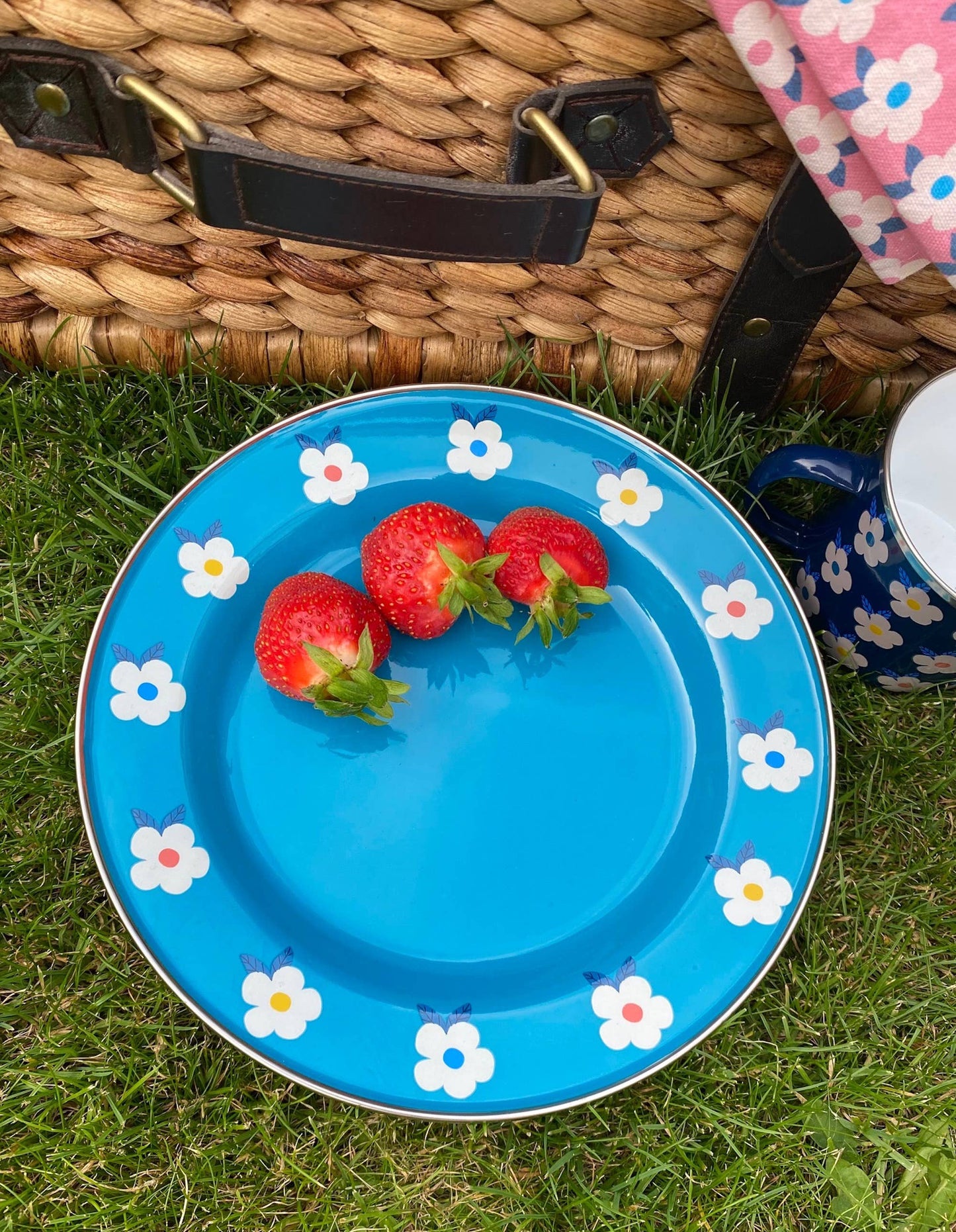 Floral Blue Enamelware Plate
