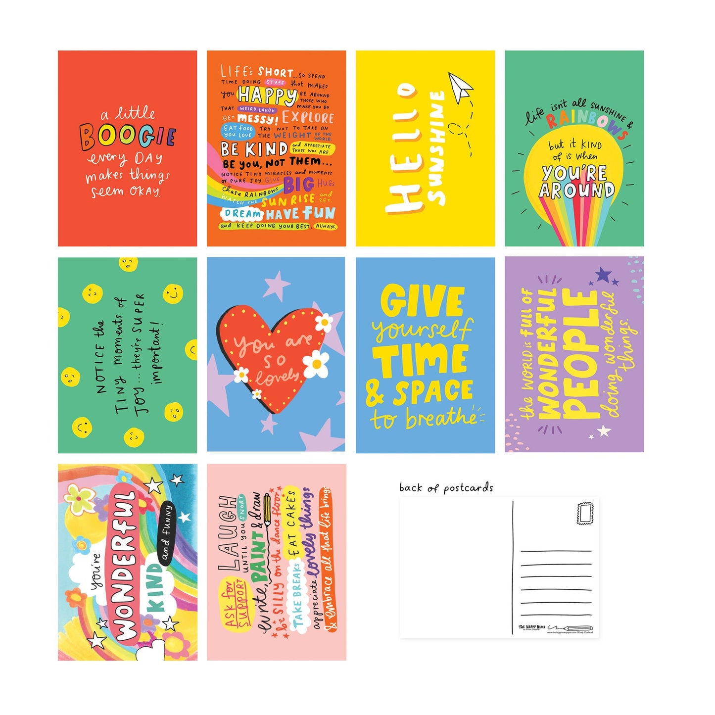Pack of 10 colourful postcards