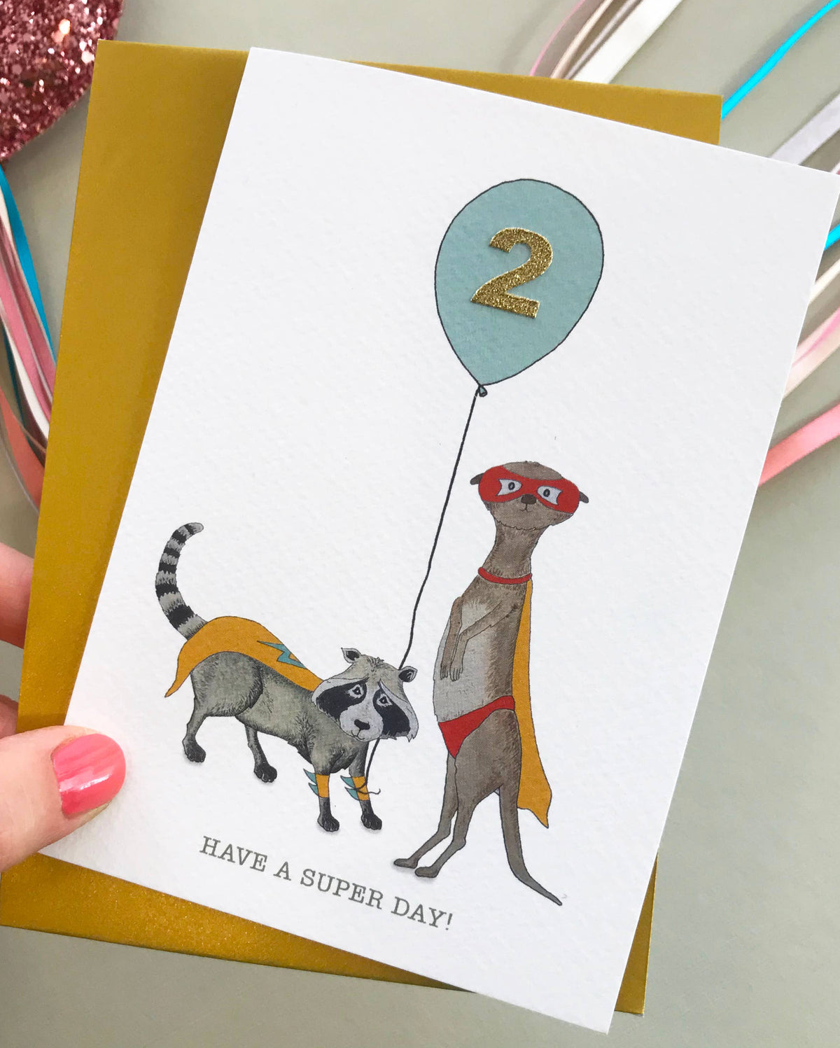 Age 2 Meerkat & Raccoon Birthday Card