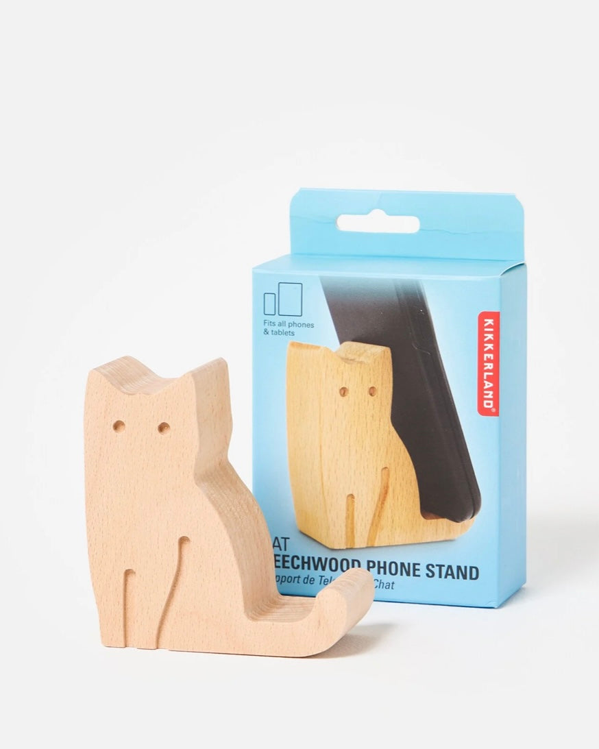 Wooden cat-shaped phone stand with packaging on a white background