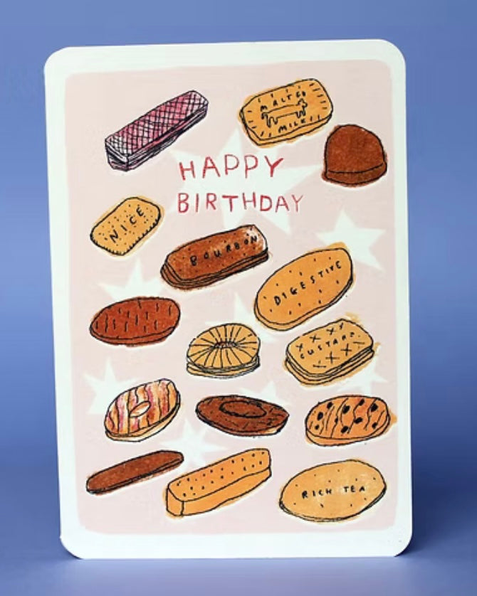 Greeting card with illustrated cookies and 'Happy Birthday' text on a blue background