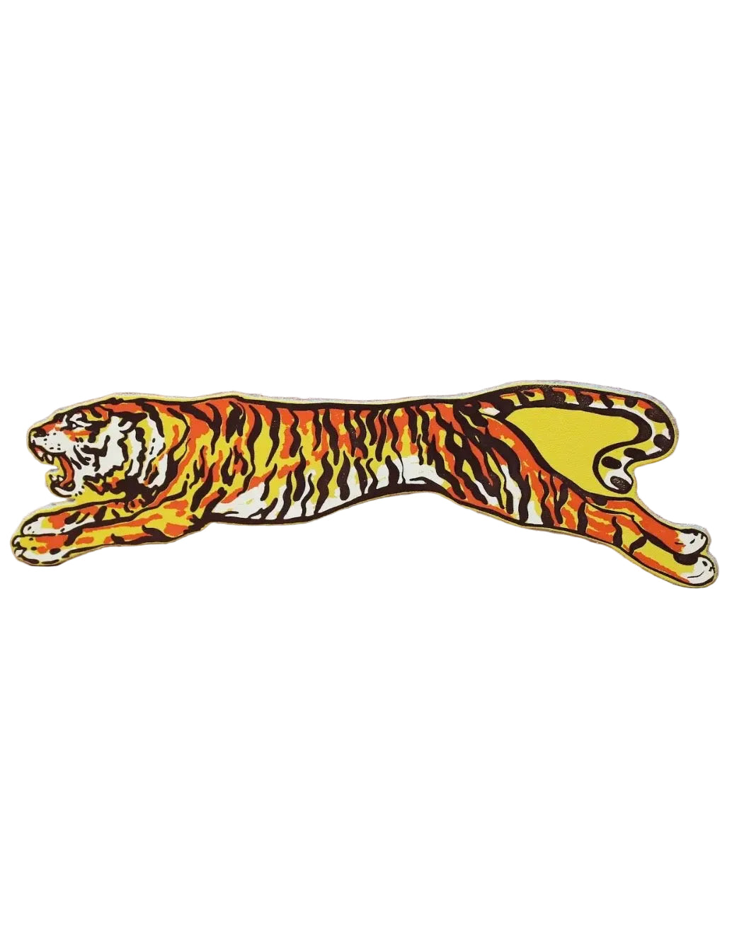 A leather bookmark shaped like a leaping tiger, featuring orange, black, yellow, and white colours, displayed on a white background.