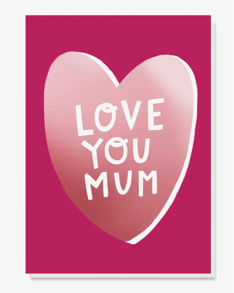 Heart-shaped card with 'Love You Mum' text on a pink background