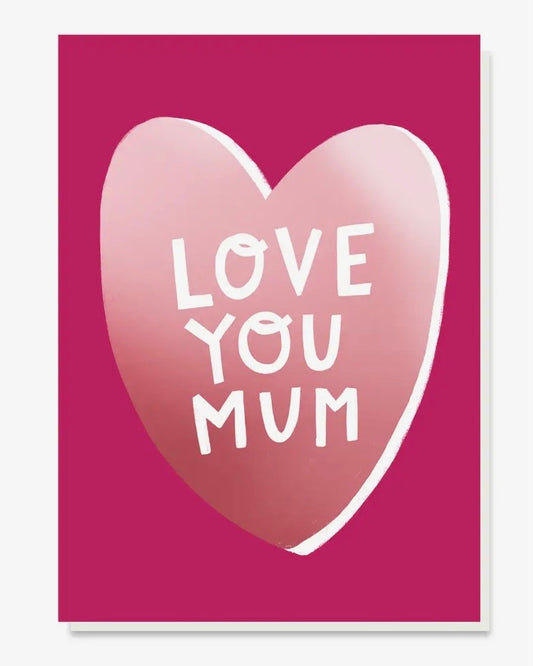 Heart-shaped card with 'Love You Mum' text on a pink background