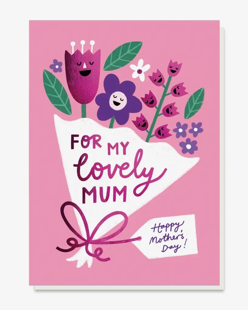 Greeting card with flowers and 'For my lovely mum' text on a pink background