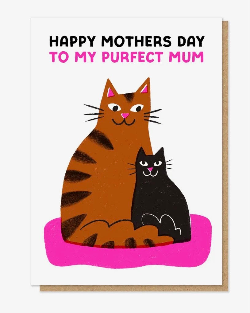 Card with two cats on a pink cushion and text 'Happy Mothers Day to my purrfect mum' on a white background.