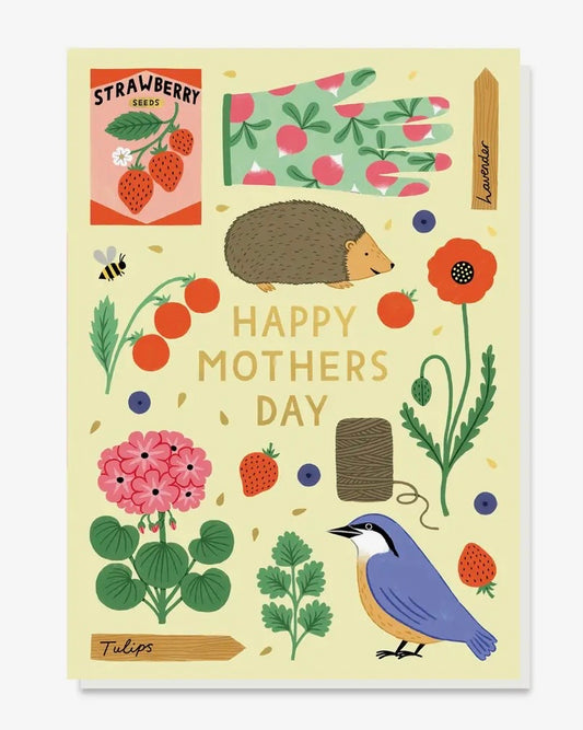 Greeting card with garden-themed illustrations and 'Happy Mother's Day' text on a yellow background.