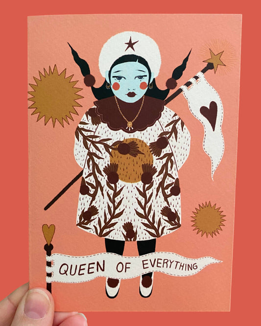 Illustration of a woman with a banner 'Queen of Everything' on a peach background