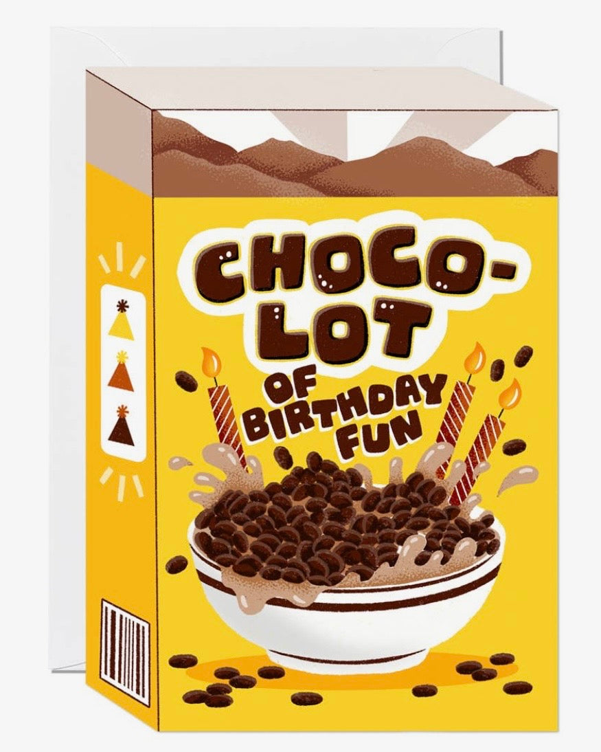 Cereal box shaped card with 'Choco-Lot of Birthday Fun' text and birthday-themed graphics on a yellow background.
