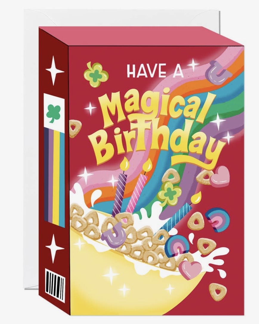 Colourful birthday card with cereal box design and 'Have a Magical Birthday' text.
