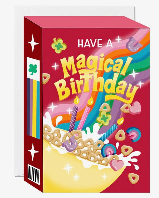 Colourful birthday card with cereal box design and 'Have a Magical Birthday' text.