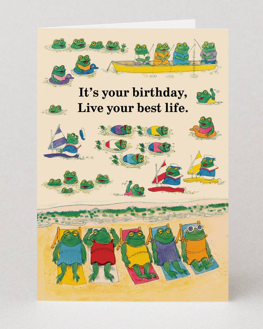 Greeting card with Richard Scarry cartoon frogs in various poses and birthday message on a beige background