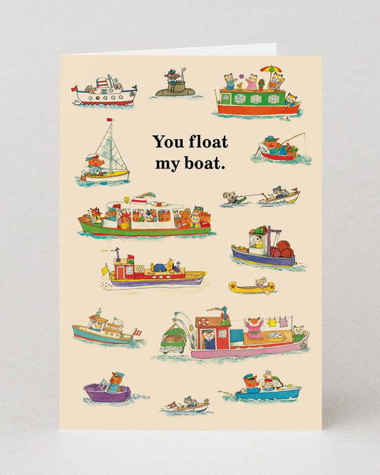 Card with Richard Scarry illustrations of boats and the text 'You float my boat.' on a beige background