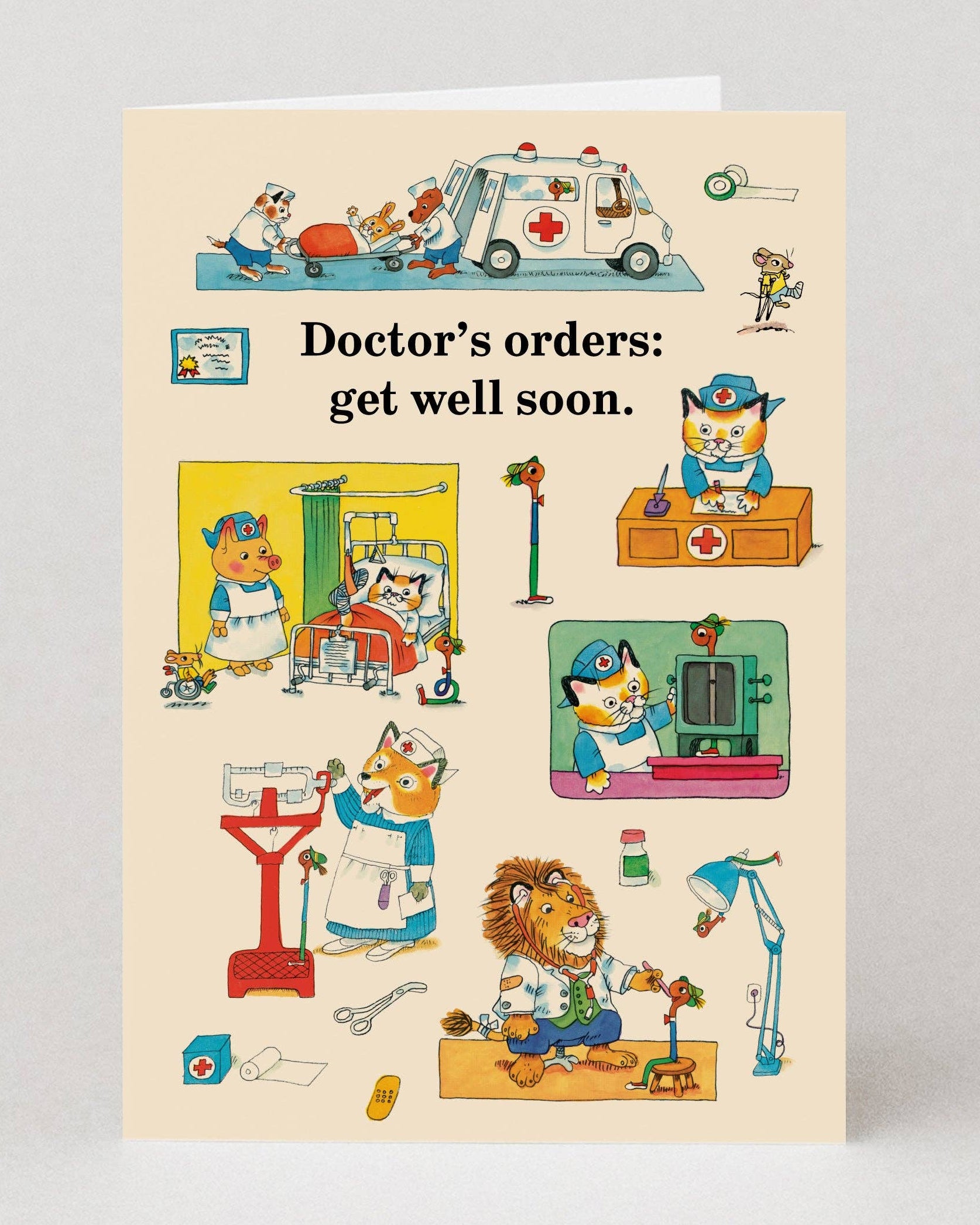 Greeting card with Richard Scarry cartoon animals in a hospital setting and 'Doctor's orders: get well soon' text.