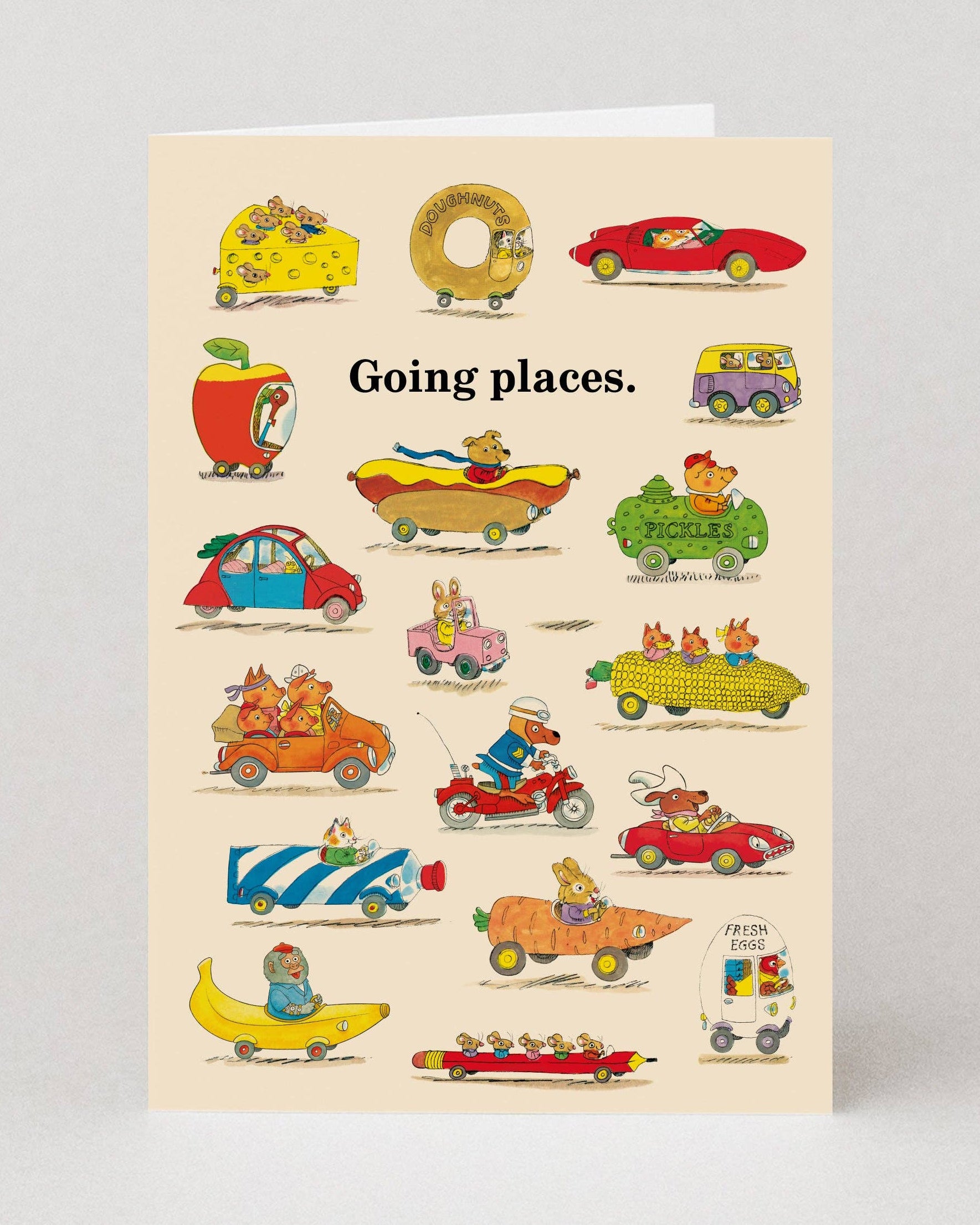 Card with Richard Scarry illustrations of various vehicles and animals, featuring the text 'Going places.'