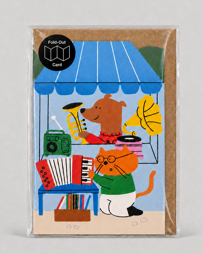Fold-out card with cartoon animals playing musical instruments under a blue canopy.