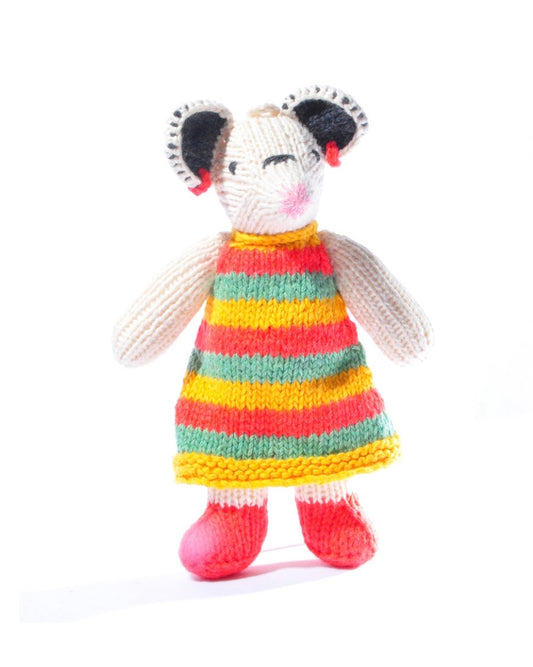 A hand-knit plush mouse doll wearing a colorful striped dress with pink shoes, photographed against a plain white background.