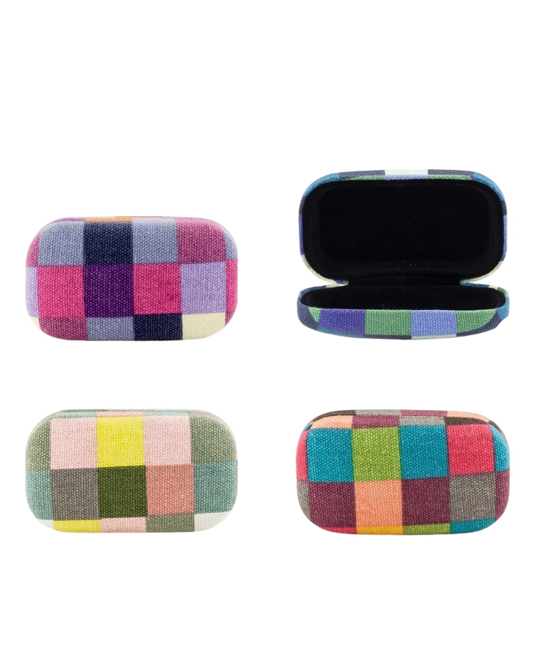 A collection of four plaid travel cases in various colours, with one case opened to show the interior.