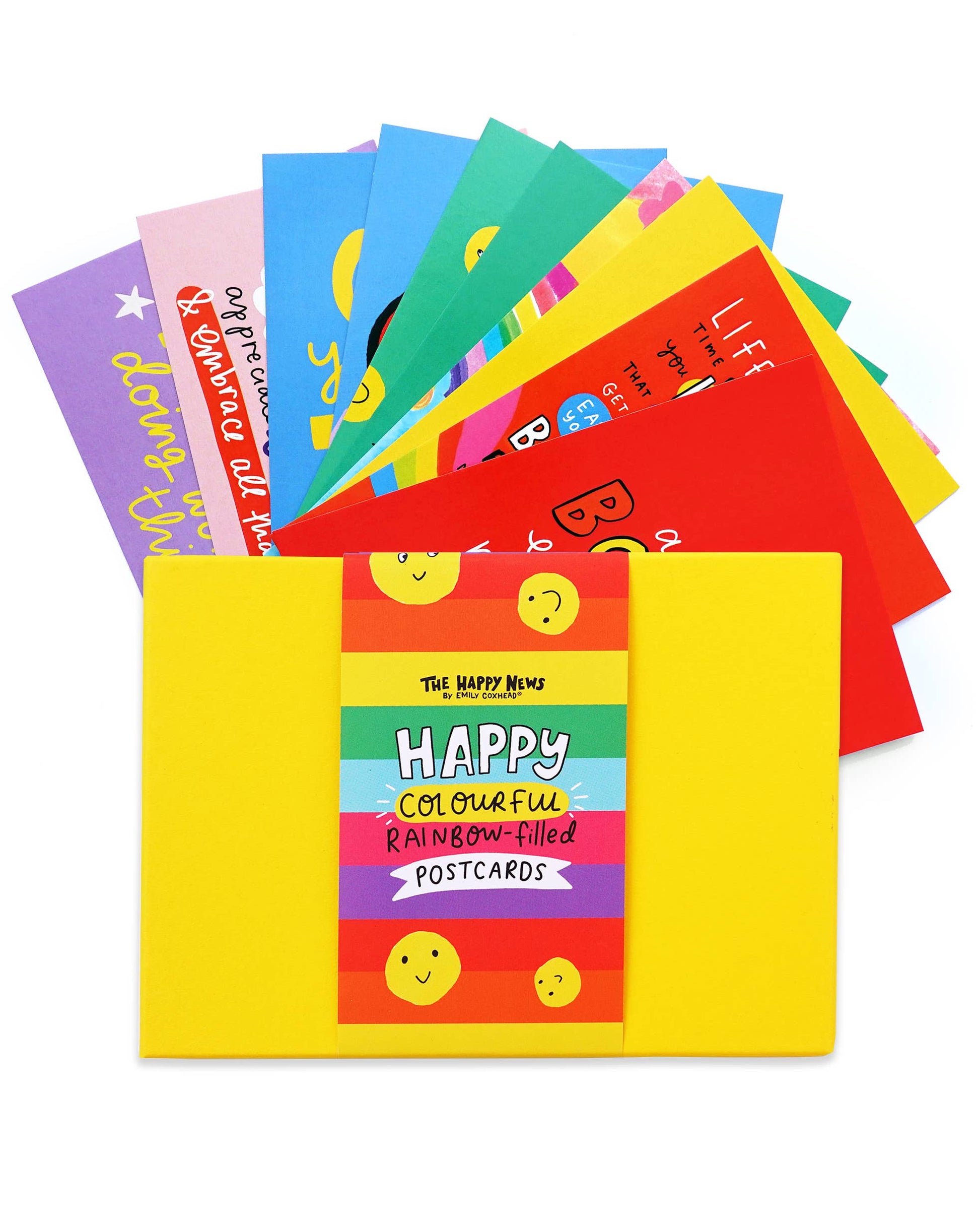 Set of colourful postcards with a yellow envelope labeled 'Happy Mail' on a white background.