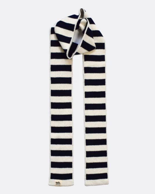 Navy and white striped scarf on a white background