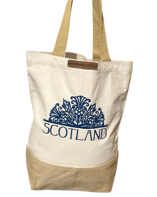 Beige tote bag with embroidered 'Scotland' design on a white background