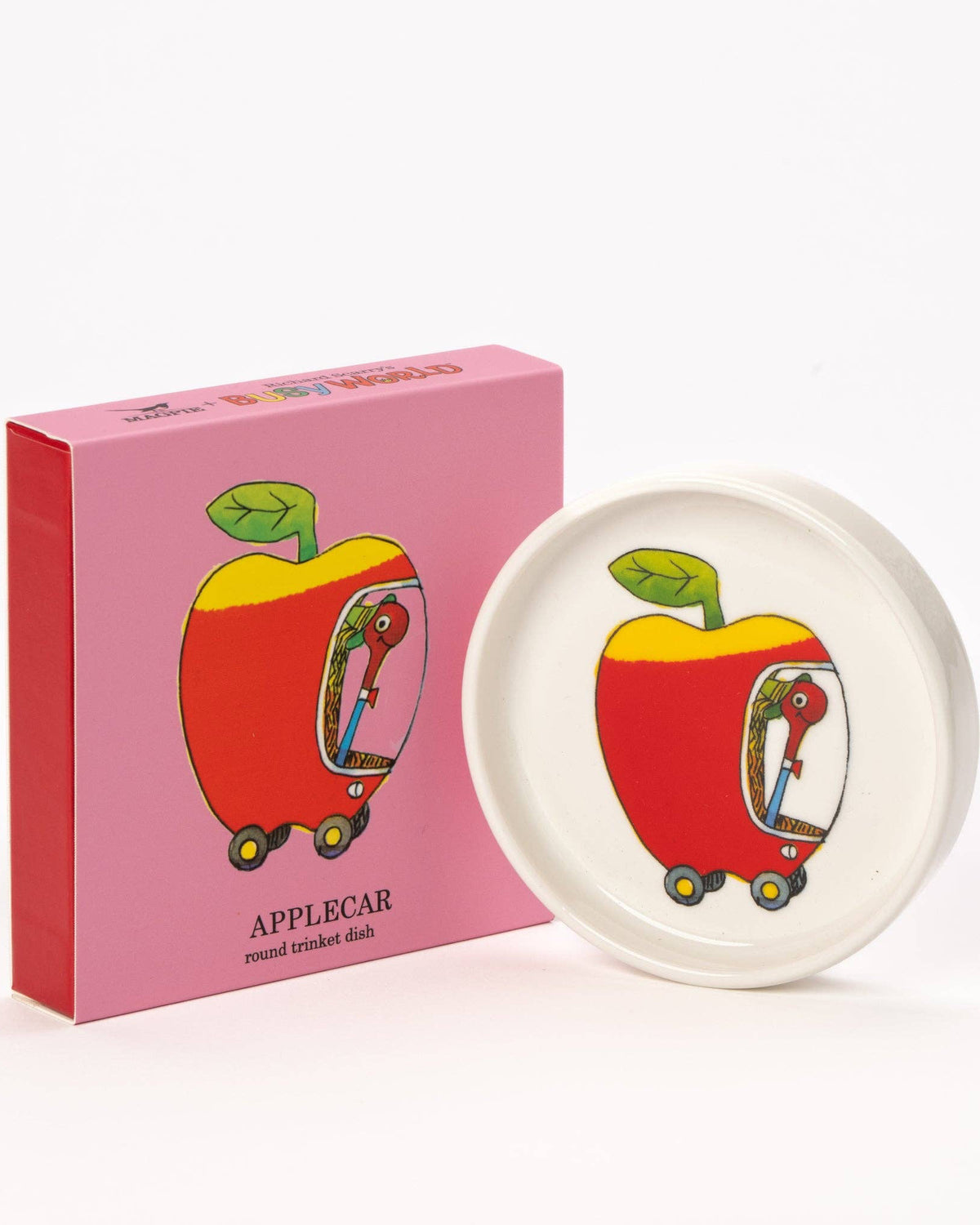 Round ceramic dish with applecar design and pink packaging labeled 'APPLECAR' on a white background