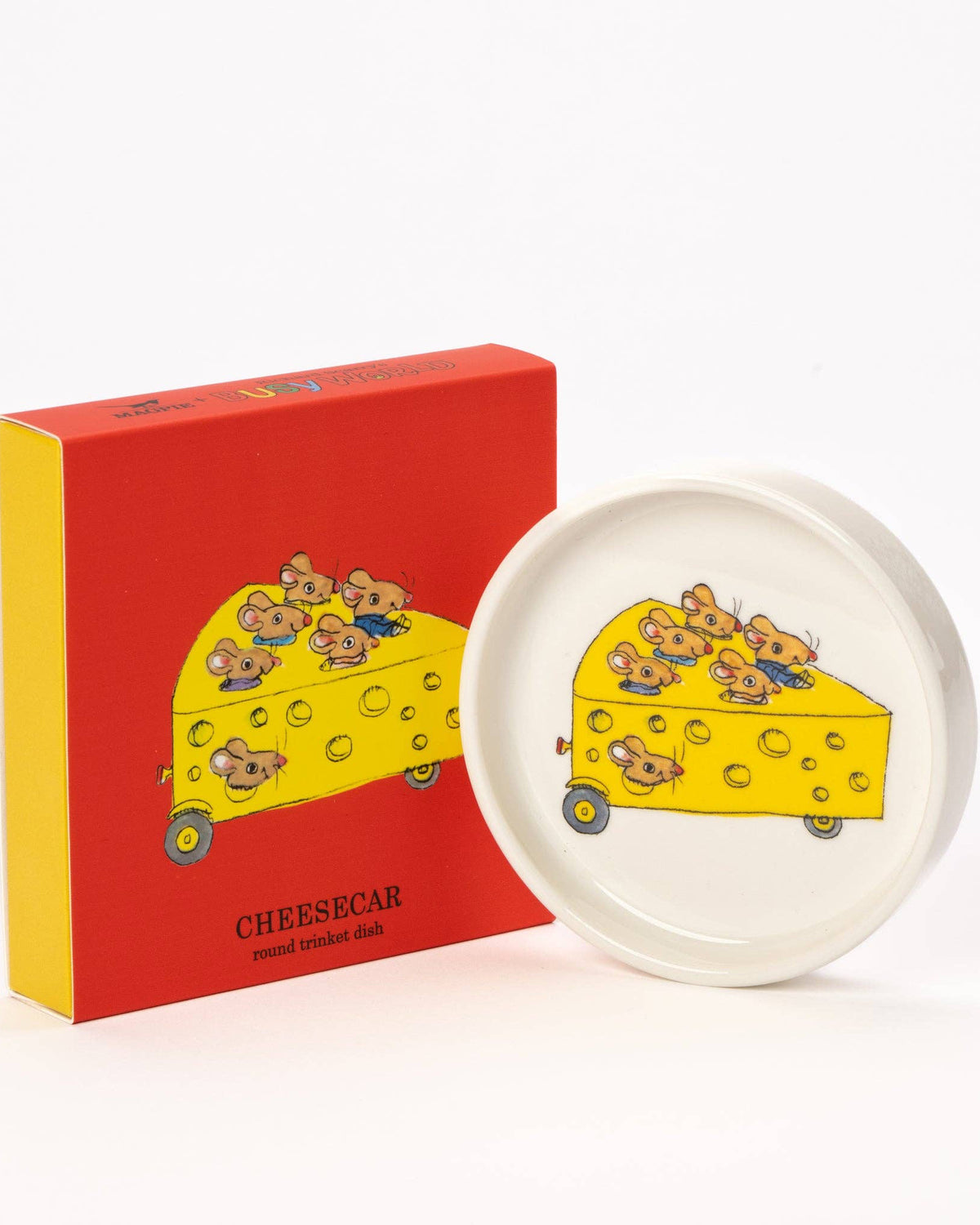 Round ceramic tray with cartoon design of a cheese car and mice, next to a red box with the same design.