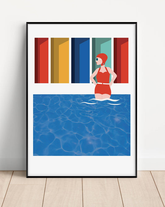 Retro Lido Lady Swimming A4 Print